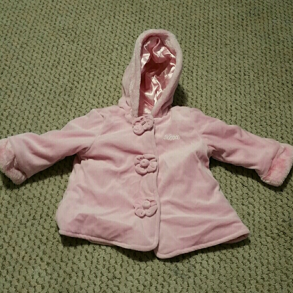 Pink velveteen & faux fur puffy hooded winter coat